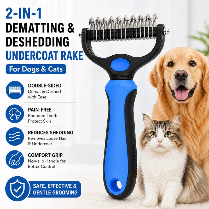 2 in 1 dematting and deshedding rake features for dogs and cats