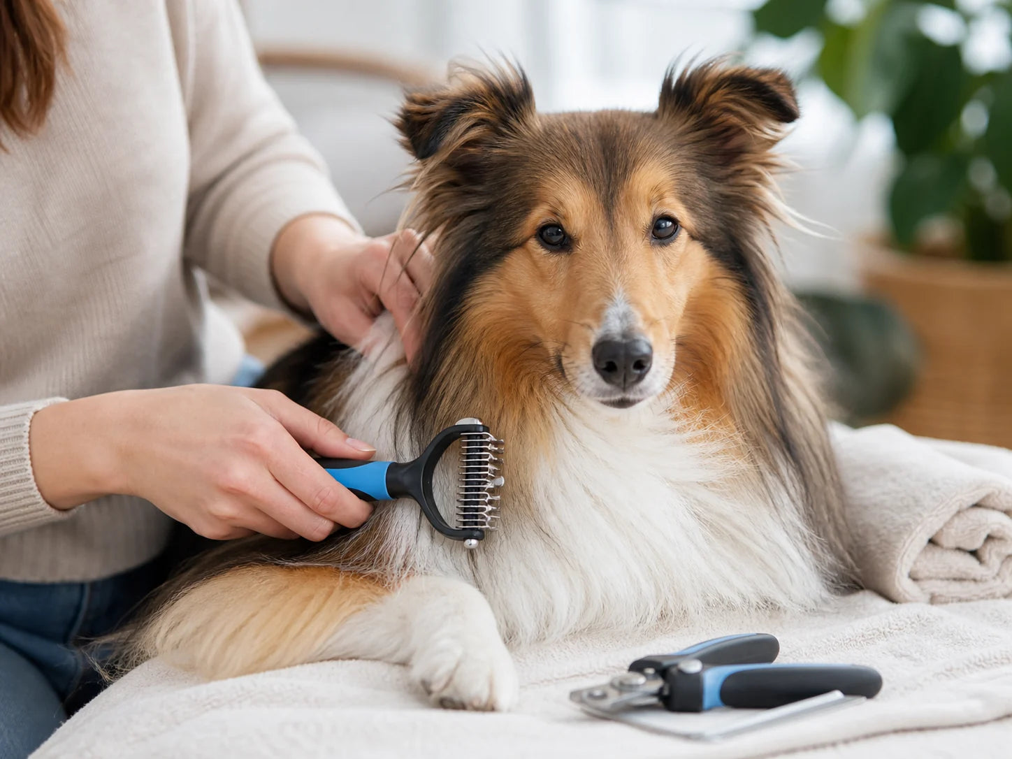 Pet grooming routine with a dog in a home setting