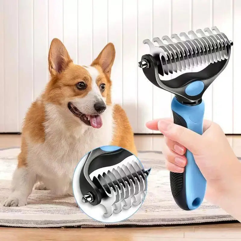 Dog grooming with blue deshedding rake
