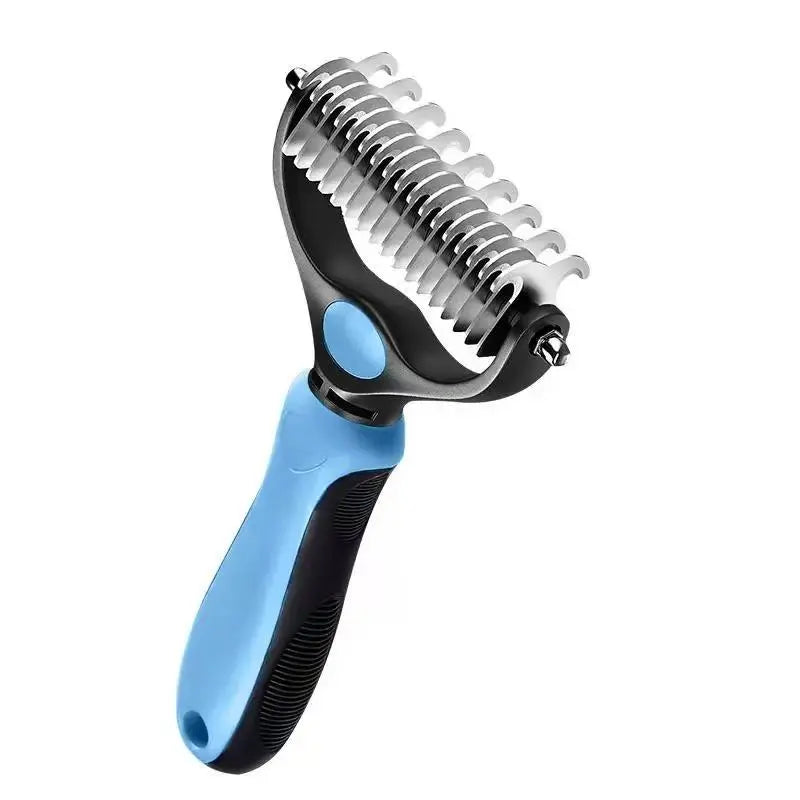 Blue dematting and deshedding pet grooming rake for dogs and cats