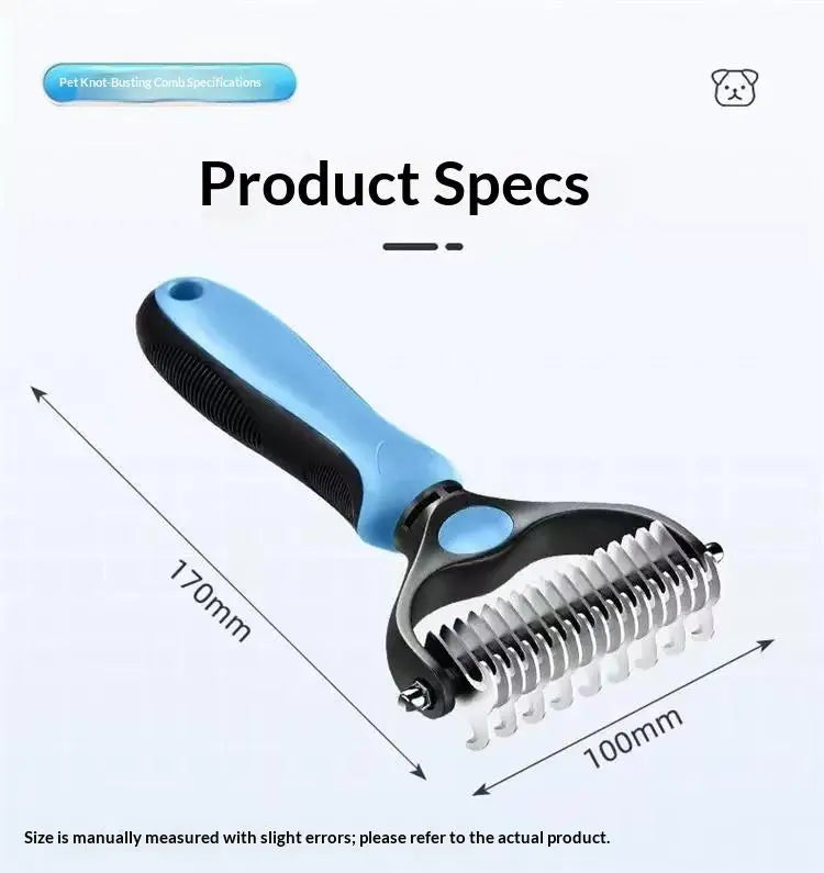 Blue pet grooming rake product size 170mm by 100mm