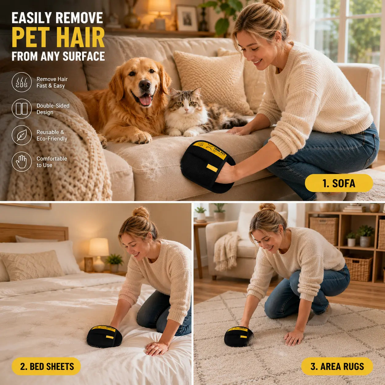 Reusable pet hair remover cloth for sofa bedding and rugs