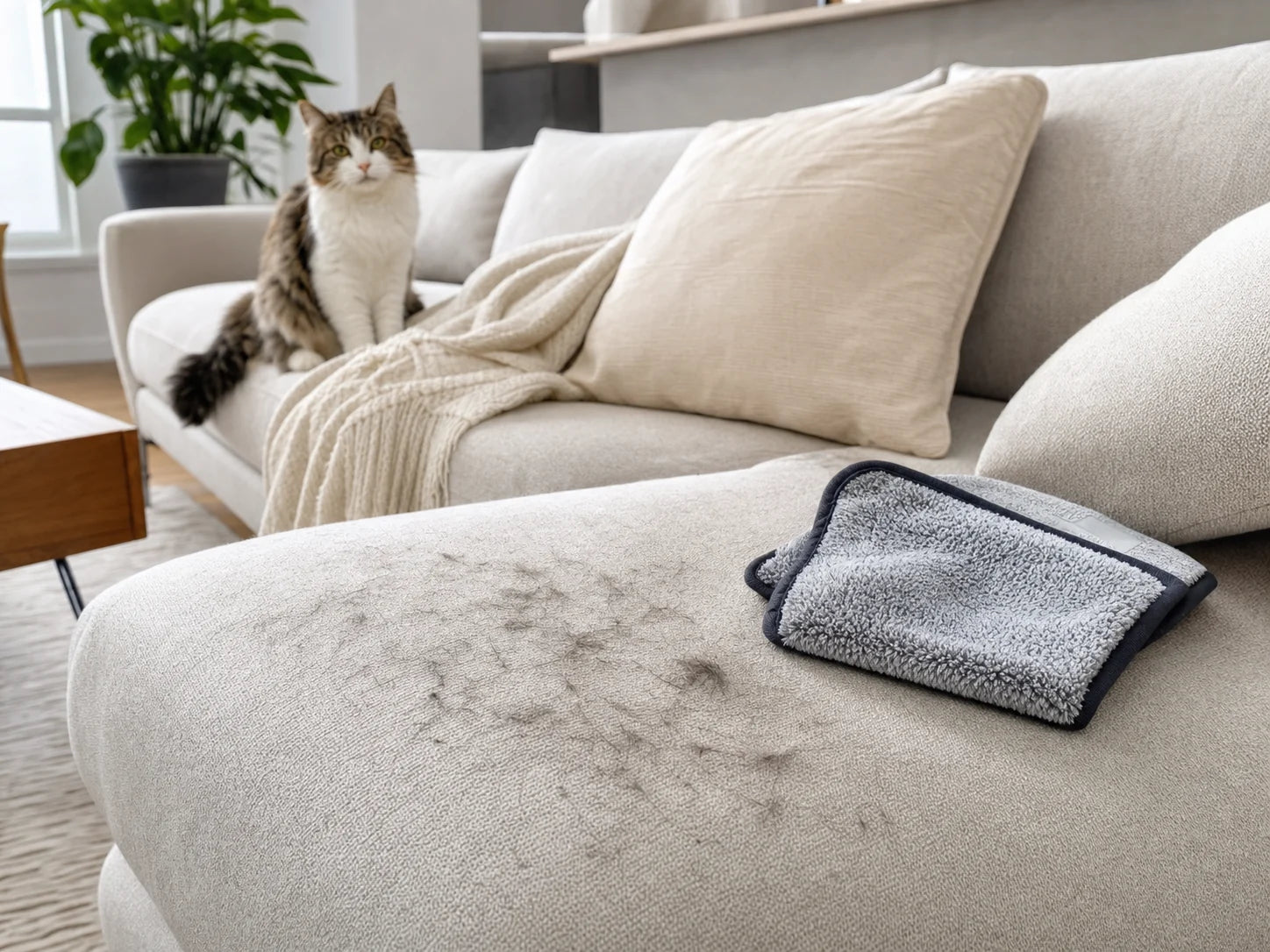 Pet hair cleaning routine on sofa fabric