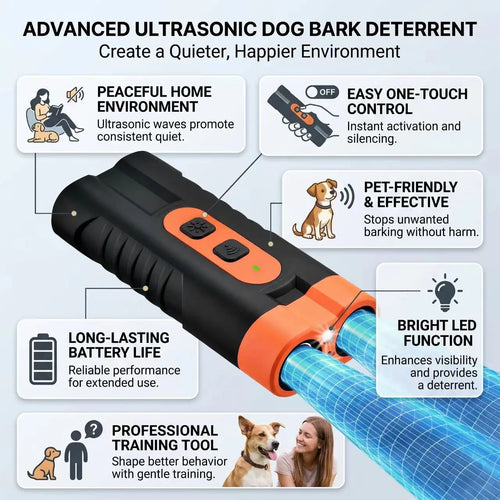 Ultrasonic dog bark deterrent features and modes