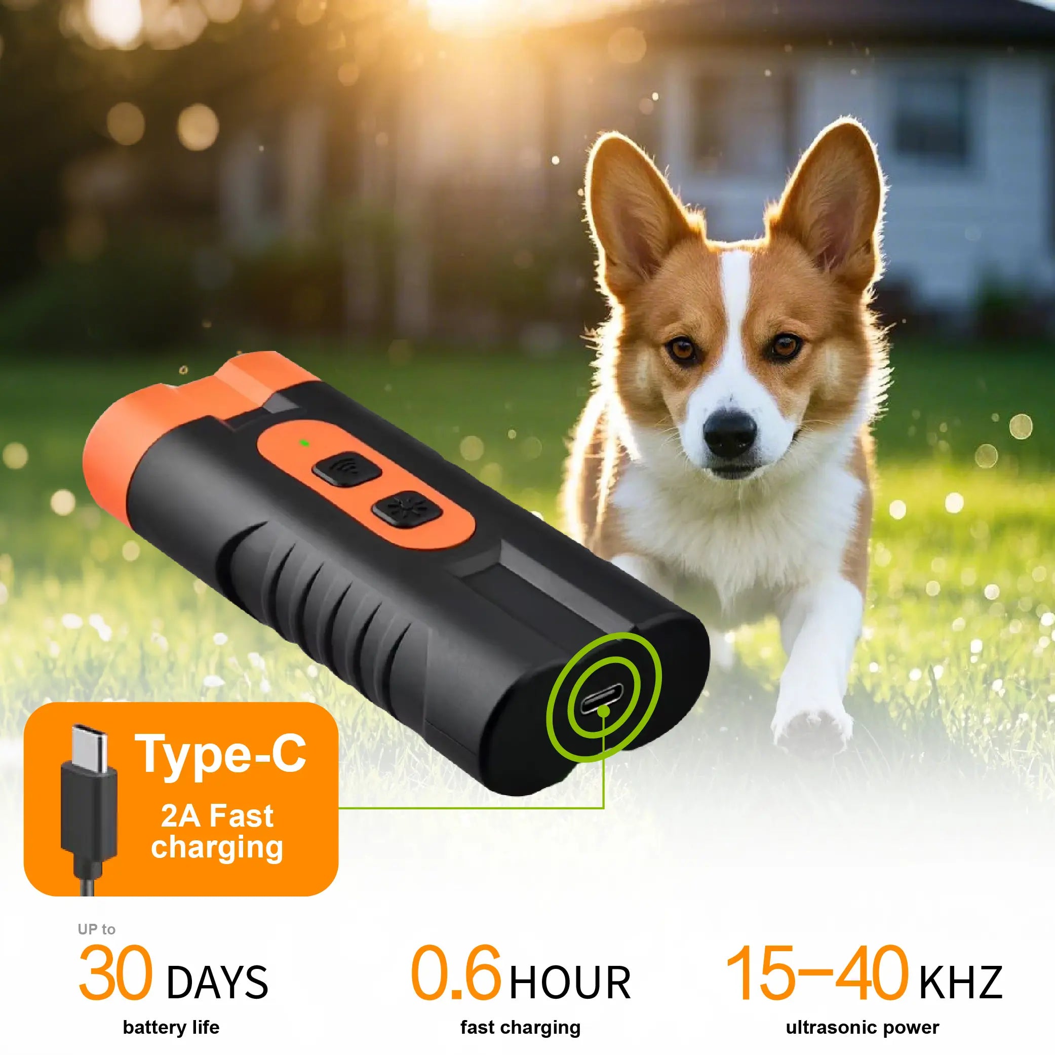 Rechargeable ultrasonic dog bark deterrent device specifications